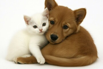 Obraz premium A Nova Scotia duck tolling retriever and a cat resting side by side, isolated on a white background
