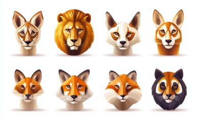 Obraz premium Cute cartoon animals for baby cards, modern illustration featuring a lion, dog, bunny, bear, panda, tiger, cat, and fox