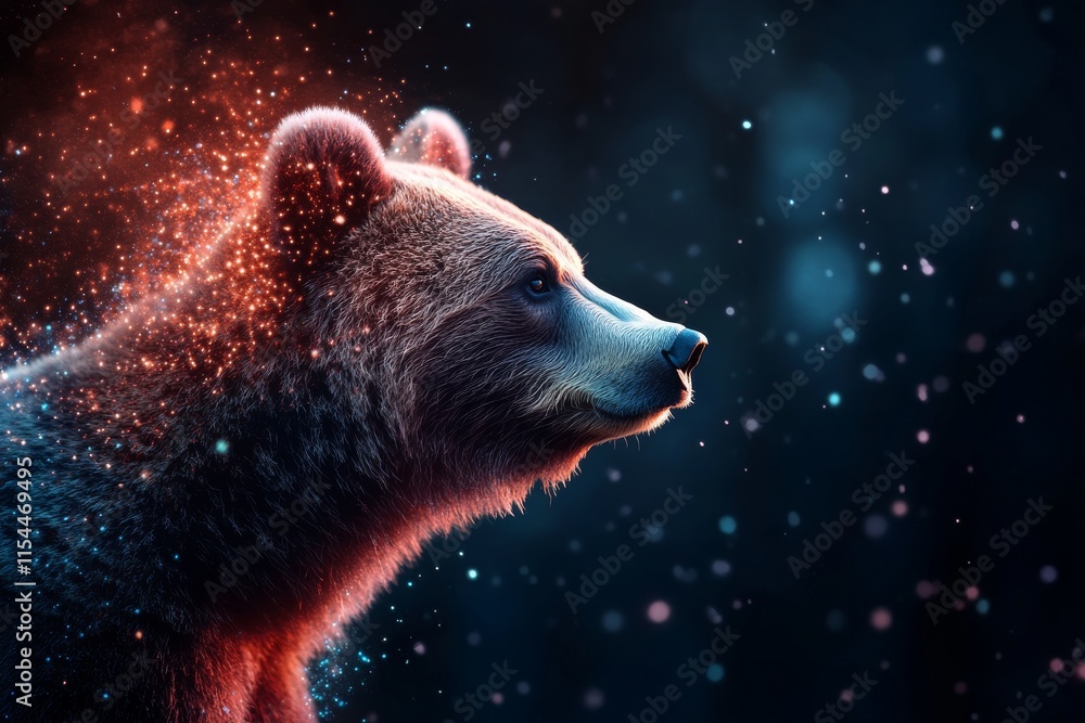 Poster beautiful bear illuminated by vibrant particles in a dark forest setting during twilight hours