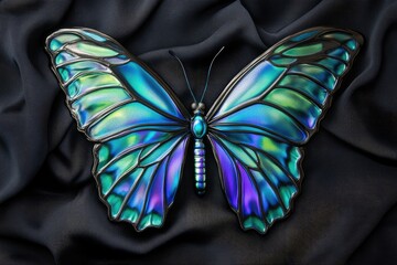 An iridescent, jewel-toned butterfly with intricate wing details rests on dark fabric.