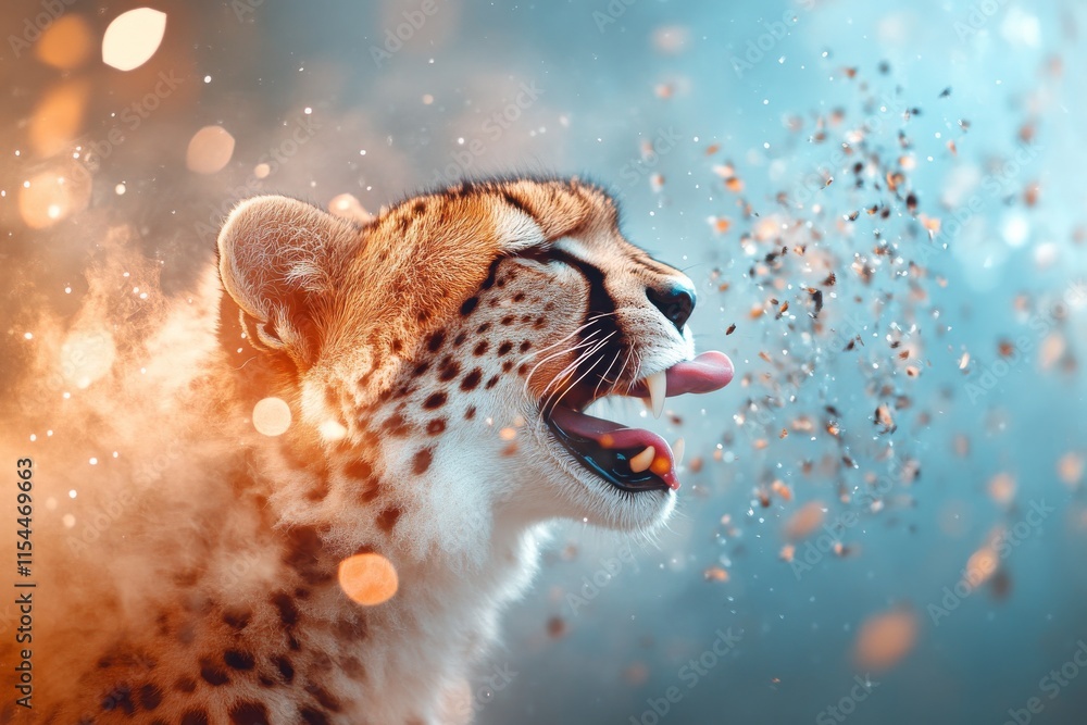 Aufkleber cheetah showcases agility and grace in a dynamic display of movement amidst splashes of light and te