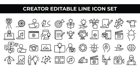 Creator Icon Set featuring editable line icons of creative tools, design elements, and content creation items. Perfect for artists, graphic designers, branding, websites, apps, and digital projects.