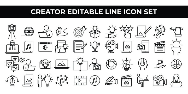 Creator Icon Set featuring editable line icons of creative tools, design elements, and content creation items. Perfect for artists, graphic designers, branding, websites, apps, and digital projects.