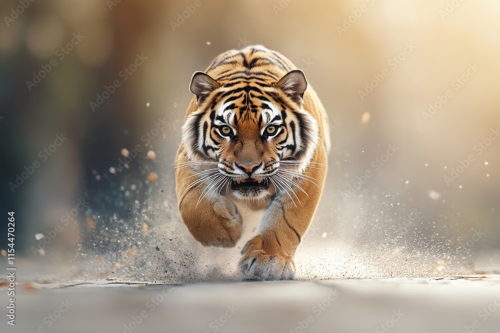 Aufkleber tiger runs swiftly on a path kicking up dust in a natural setting during daylight hours