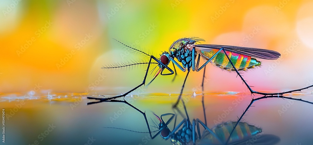 Poster a close-up of a colorful mosquito reflecting on a surface with a blurred background.