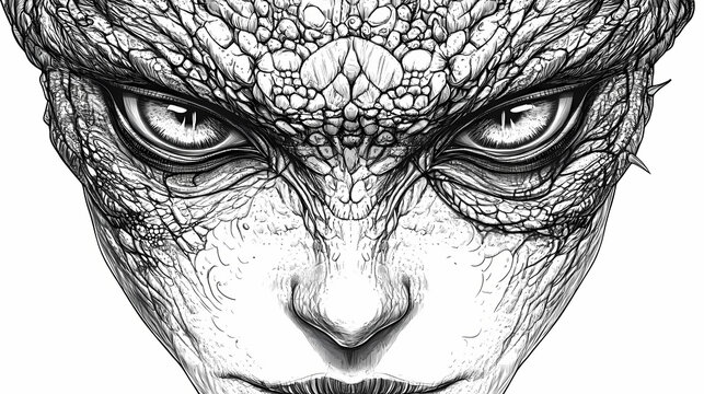 Reptilian face close up portrait - ai illustration also called reptoids, archons, reptiloids, saurians, draconians, or lizard people. Draconian. Illustration
