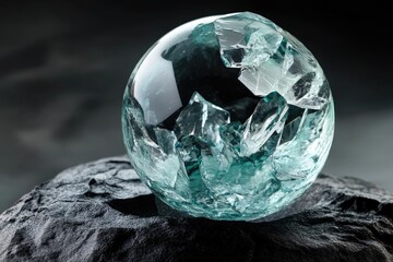 A shattered teal glass sphere rests on a dark stone, showcasing fractured beauty and resilience.