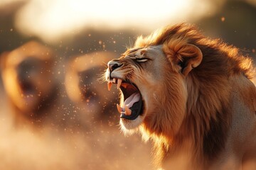 Fototapeta premium Majestic lion roars during golden hour in the savanna, showcasing powerful presence and leadership