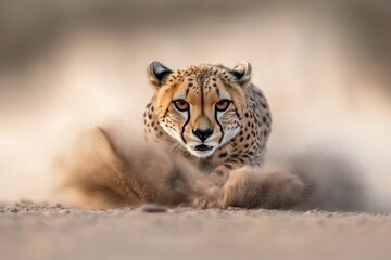 Obraz premium Cheetah sprinting across sandy terrain with dust cloud in the savanna during golden hour