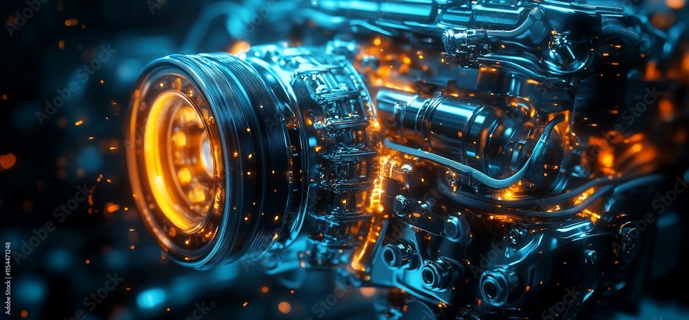 Poster a close-up of a futuristic engine with glowing elements and intricate details.
