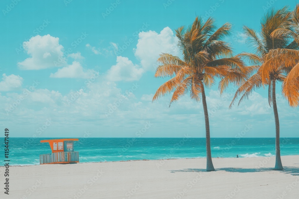 Poster sunny miami beach captures vibrant skies and palm trees with turquoise ocean waves, inviting relaxat