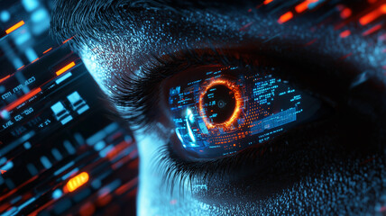 Hacker or AI robot eye in dark tech space, cyborg vision on digital background. Concept of cyber security, technology, future, data, artificial intelligence, hack, network
