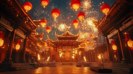 Fireworks illuminate a Chinese New Year celebration in a traditional courtyard with lanterns and architecture..