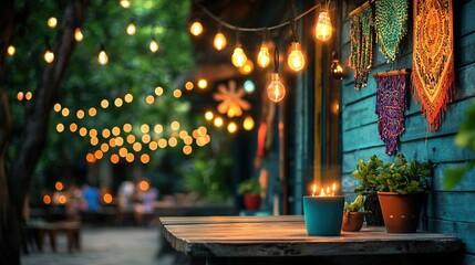   A wooden table, adorned with a potted plant and string lights hanging from a building's side, offers a warm and inviting ambiance