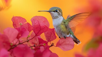 Fototapeta premium Hummingbird perched on pink flower against orange-yellow backdrop with pink flowers in the foreground