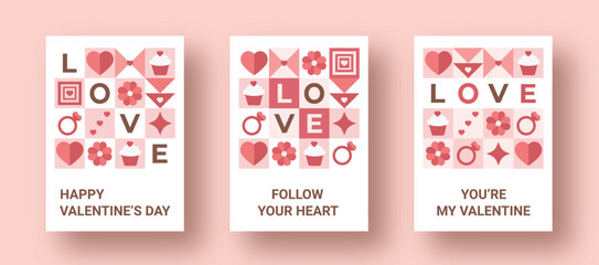 Abstract geometric shapes with the text present a creative concept for Happy Valentine's Day. Featuring a background adorned with love-themed icons, design is perfect for cards, posters, advertisement