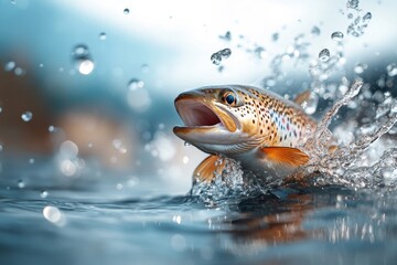 Brown trout leaps from water, splashing droplets in a bright natural setting near a tranquil river or lake