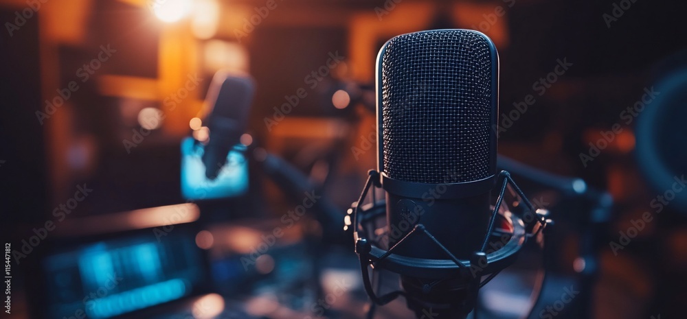 Poster a close-up of a microphone in a studio setting, highlighting audio recording.