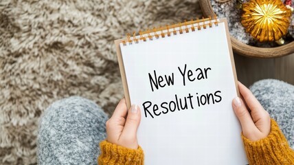 Naklejka premium New Year Resolution & Goal concept. New Year resolutions written on a notebook held by a person.