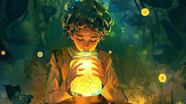 A child gazes into a glowing jar, representing cherished memories and a connection to the past.