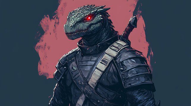 Fearsome, scaly, red-eyed draconian alien warrior stands tall, clad in dark, tattered armor, gripping a razor-sharp. Draconian. Illustration