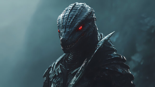 Fearsome, scaly, red-eyed draconian alien warrior stands tall, clad in dark, tattered armor, gripping a razor-sharp. Draconian. Illustration
