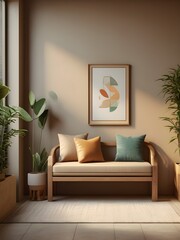 minimalist 3d entryway rendering with wooden console table, geometric art frame mockup, white wall, soft natural light, stylish modern decor