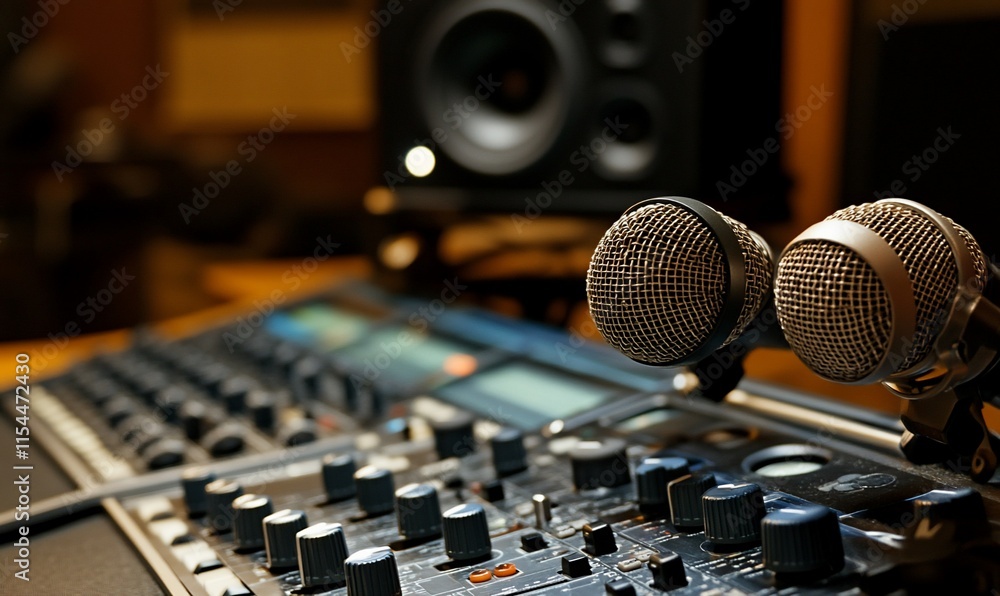Poster a close-up of a sound mixing console with microphones in a recording studio.