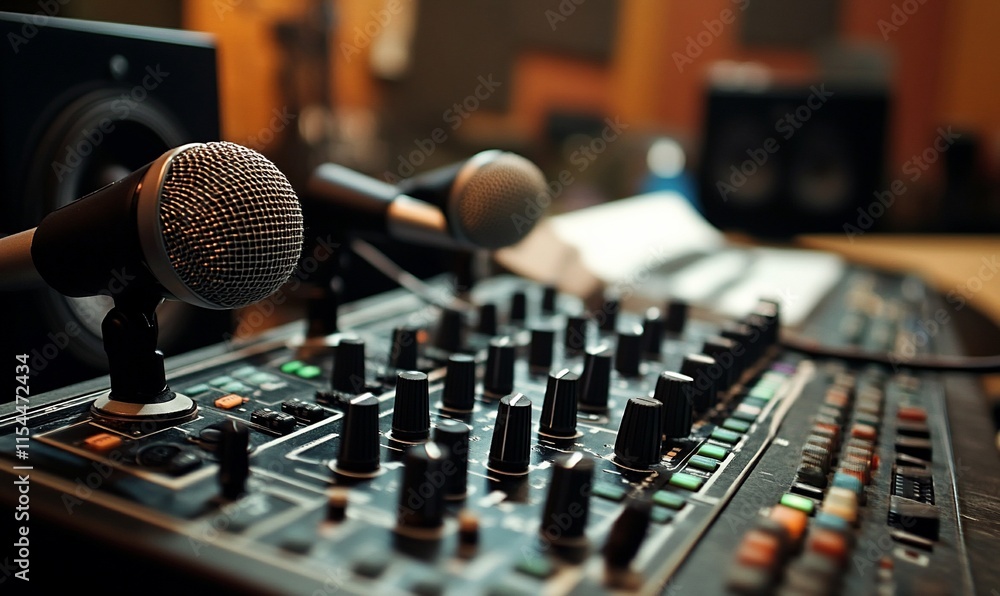 Aufkleber a close-up of a sound mixing console with microphones in a studio setting.