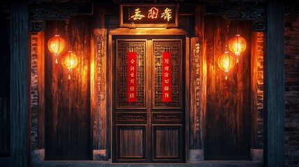 Illuminated antique wooden door with Chinese lanterns and decorations at night.