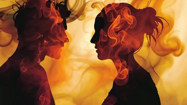 A couple faces each other with flames of anger surrounding them, symbolizing intense conflict and passion.