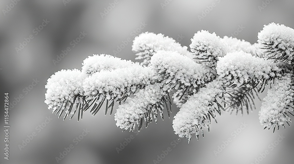 Wall mural   A black-and-white photo of a snow-covered pine tree branch with an icy layer