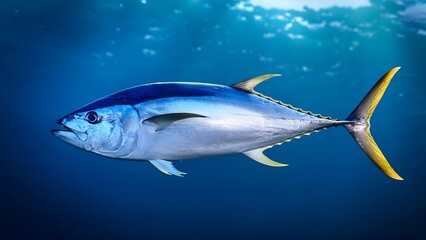 Fototapeta premium This captivating image showcases an Albacore Tuna swimming gracefully in its natural ocean habitat