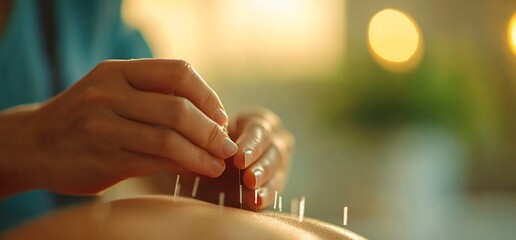 A close-up of acupuncture treatment with needles on a person's back.