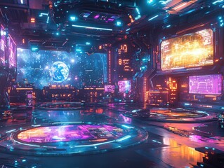 Obraz premium Futuristic digital environment with glowing screens and cosmic visuals.