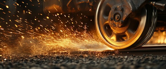 A close-up of a wheel creating sparks as it grinds against a surface.