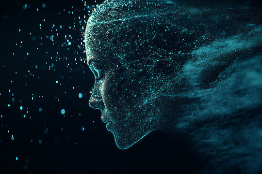 Abstract digital representation of human intelligence with glowing brain, neural connections, and futuristic concept of artificial intelligence, innovation, and technology