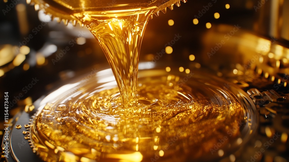 Poster a close-up of golden liquid pouring into a circular container, creating ripples.