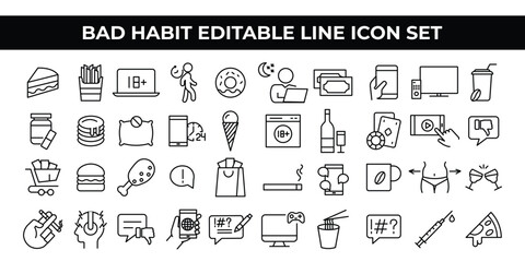 Bad Habit Icon Set with editable line icons for smoking, overeating, and lifestyle habits. Ideal for health awareness campaigns, educational materials, and digital content on behavioral improvements.