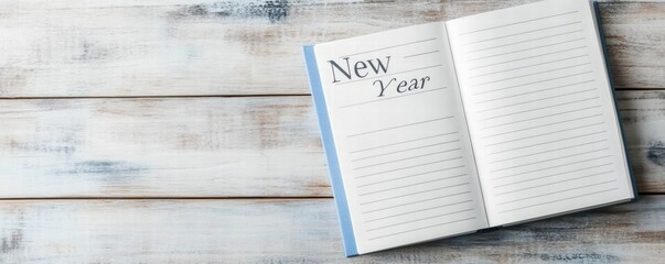 New Year Resolution & Goal concept. Open notebook with "New Year" written on a wooden surface.