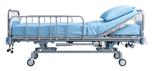 Hospital Bed with Blue Bedding - Adjustable Medical Equipment PNG Transparent Stock Photo