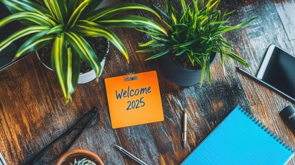 Creative Workspace with Planner and Green Plants