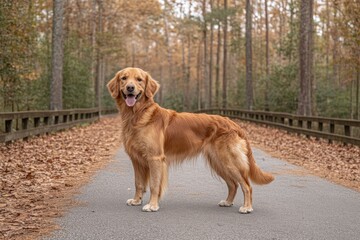 A golden retriever dog meanders along a countryside dirt road