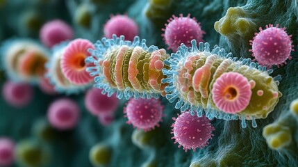 Obraz premium Microscopic view of viruses infecting a cell.