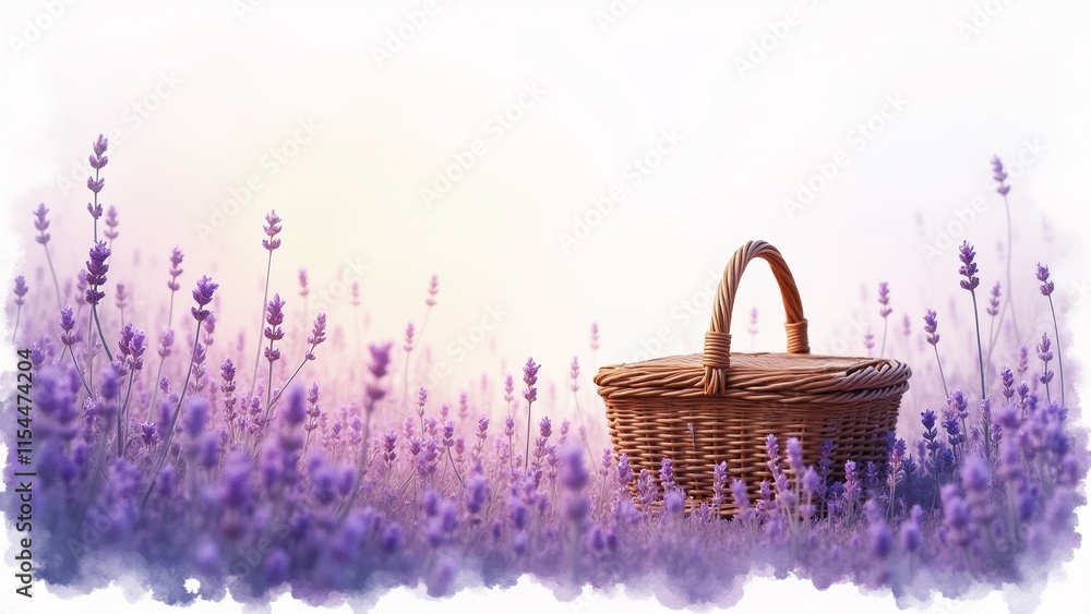 Poster the image is a digital illustration of a basket in the middle of a field of lavender flowers. the ba
