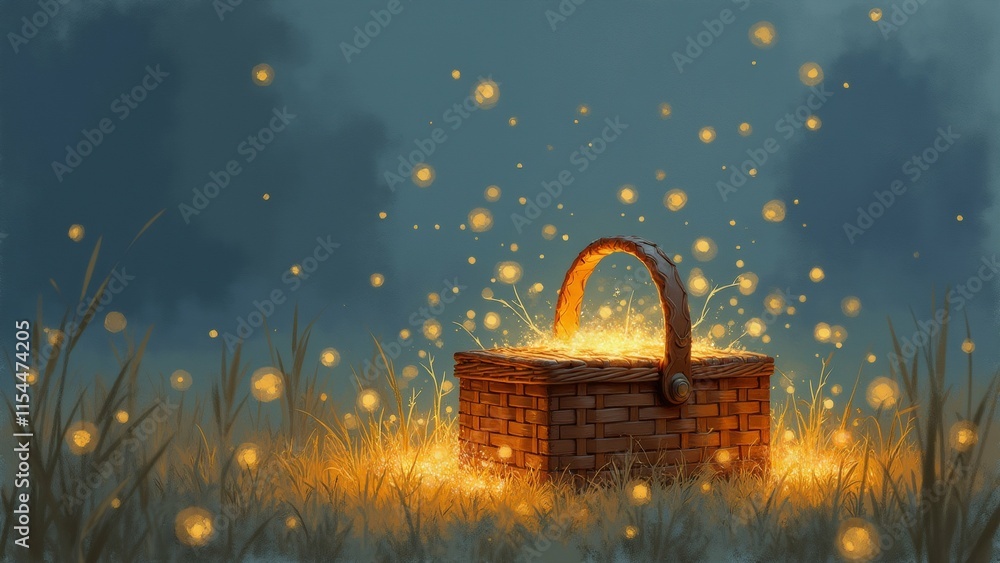 Poster the image is a digital illustration of a basket in the middle of a field. the basket is made of wove