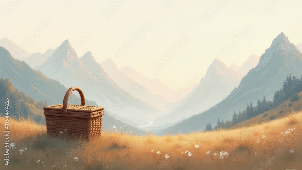 Poster the image is a digital illustration of a beautiful landscape with a basket in the foreground. the ba