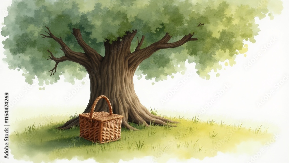 Poster the image is a digital illustration of a large tree with a basket on the ground next to it. the tree