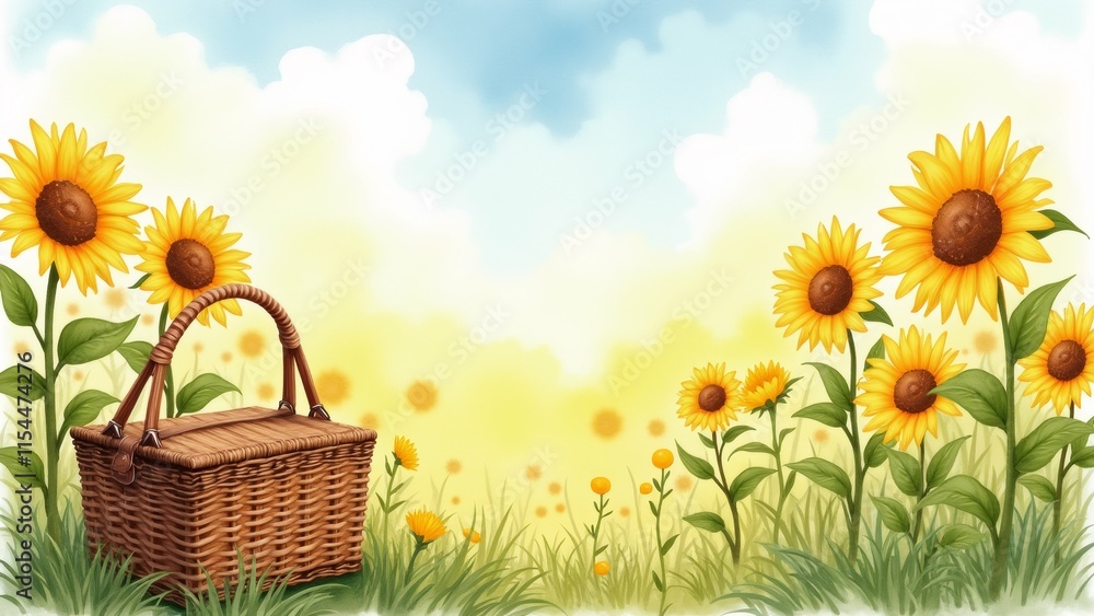 Poster the image is a digital illustration of a field of sunflowers. the background is a light blue sky wit