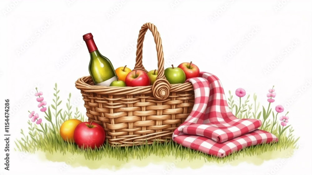 Poster the image is a digital illustration of a picnic basket filled with various fruits and a bottle of wi